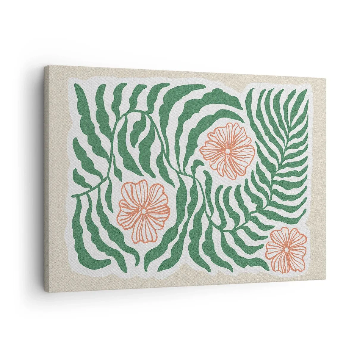 Canvastavla - Bild på duk - Ett minimalistiskt motiv av gröna blad med blommor i orangea nyanser. - 70x50cm - Blommande i grönt - Modern väggdekoration för vardagsrum och sovrum ARTTOR