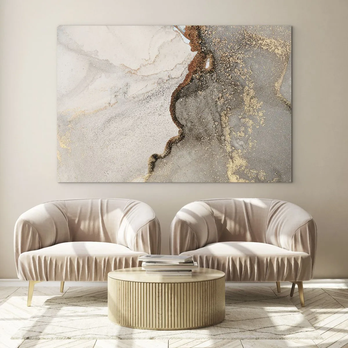 Glastavla - Bild på glas - Abstrakt komposition med beige, guld och grafit - 70x50cm - På färgernas gräns - Modern väggdekoration för vardagsrum och sovrum ARTTOR