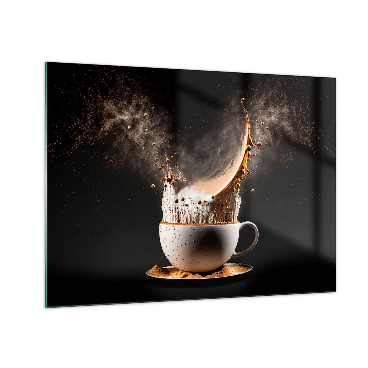 Glastavla - Bild på glas - Stänkande kaffe med mjölk i en dynamisk bild - 70x50cm - Smakexplosion - Modern väggdekoration för vardagsrum och sovrum ARTTOR