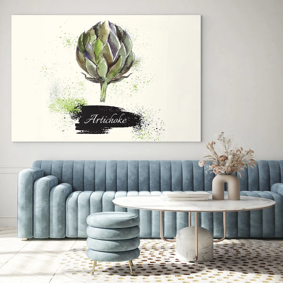 Glastavla - Bild på glas - Akvarell kronärtskockagrafik med ordet kronärtskocka skrivet på den - 70x50cm - Eviva grönsaker! - Modern väggdekoration för vardagsrum och sovrum ARTTOR