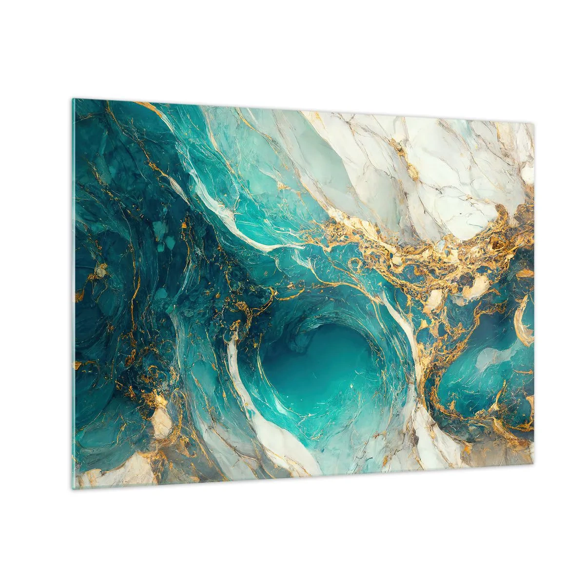 Glastavla - Bild på glas - Abstrakt komposition med turkosa och guldådror - 70x50cm - En komposition med guldådror - Modern väggdekoration för vardagsrum och sovrum ARTTOR