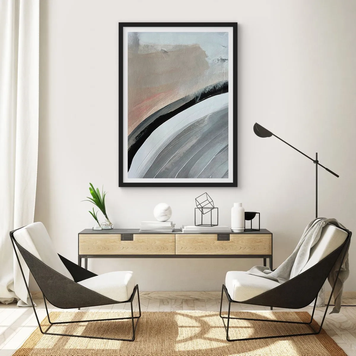 Affisch i svart ram - Abstrakt komposition med linjer i nyanser av grått och beige. - 50x70cm - Komposition: en båge av svart och grått - Modern väggdekoration för vardagsrum och sovrum ARTTOR