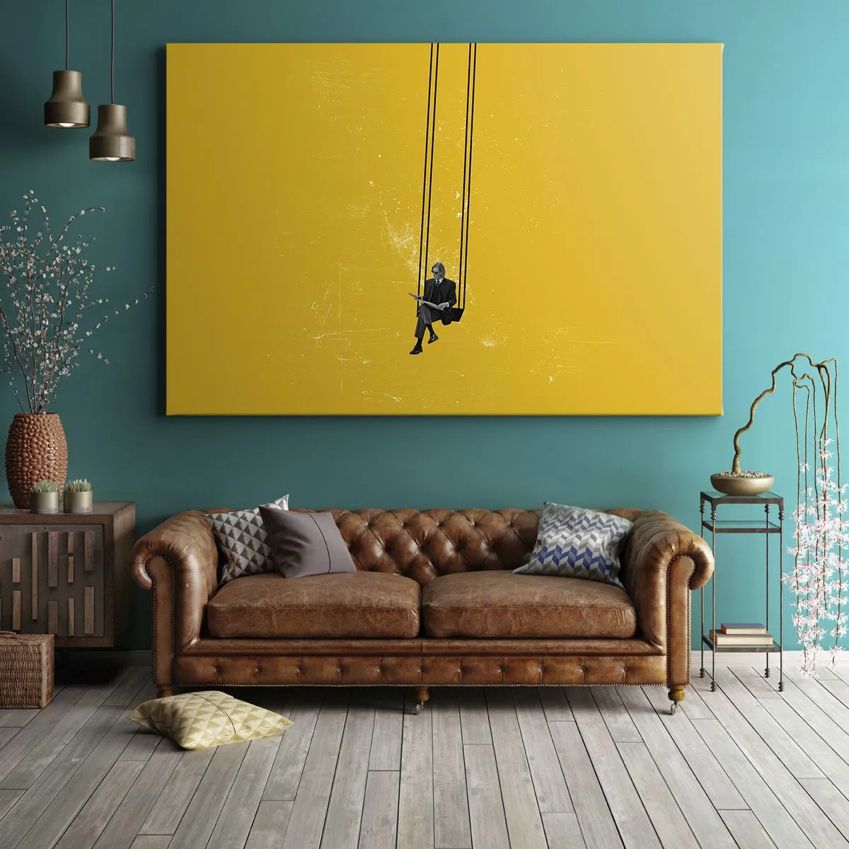 Canvastavla - Bild på duk - En person på en gunga mot en bakgrund av intensivt gult - 70x50cm - En dag som alla andra - Modern väggdekoration för vardagsrum och sovrum ARTTOR
