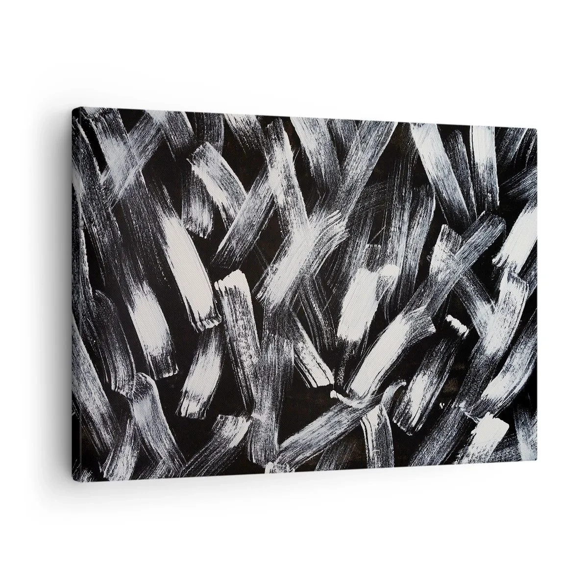 Canvastavla - Bild på duk - Dynamisk abstraktion med vita penseldrag mot svart bakgrund. - 70x50cm - Abstraktion i industriell anda - Modern väggdekoration för vardagsrum och sovrum ARTTOR