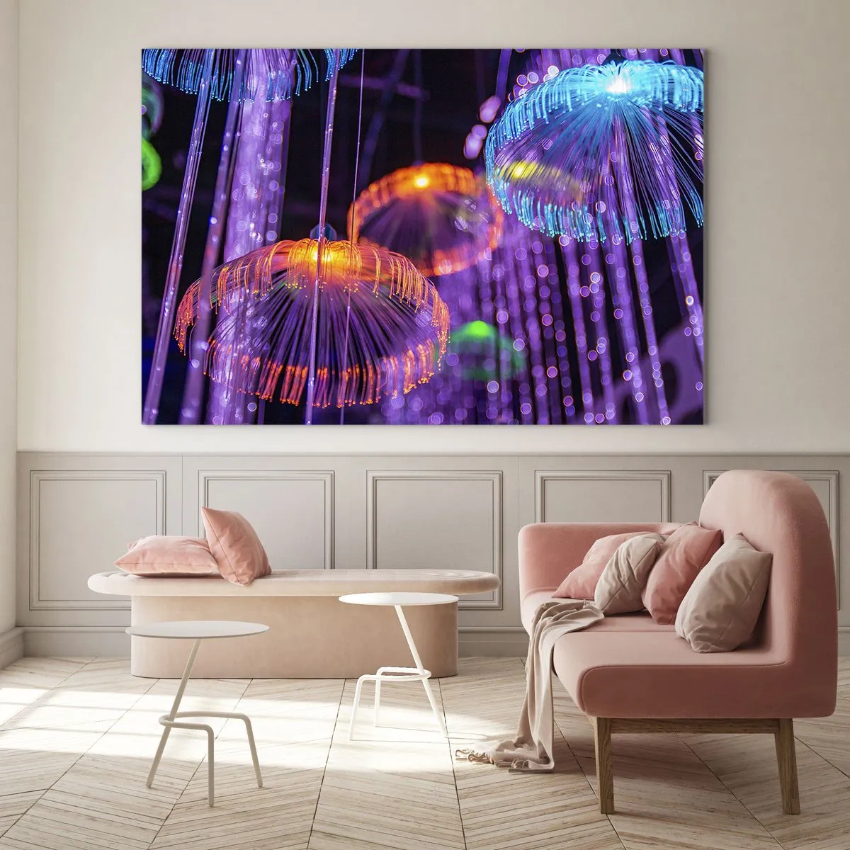Glastavla - Bild på glas - Färgglada ljusstrukturer som liknar maneter - 70x50cm - Lysande fontän - Modern väggdekoration för vardagsrum och sovrum ARTTOR