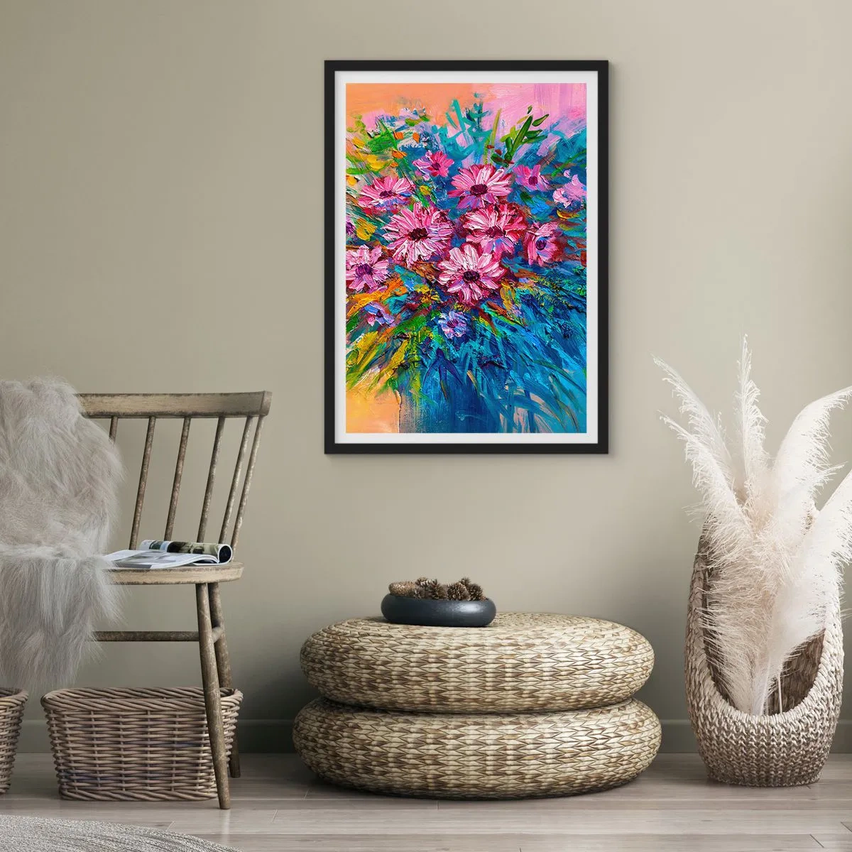 Affisch i svart ram - En bukett intensivt färgade blommor på en abstrakt bakgrund - 50x70cm - Livets energi - Modern väggdekoration för vardagsrum och sovrum ARTTOR
