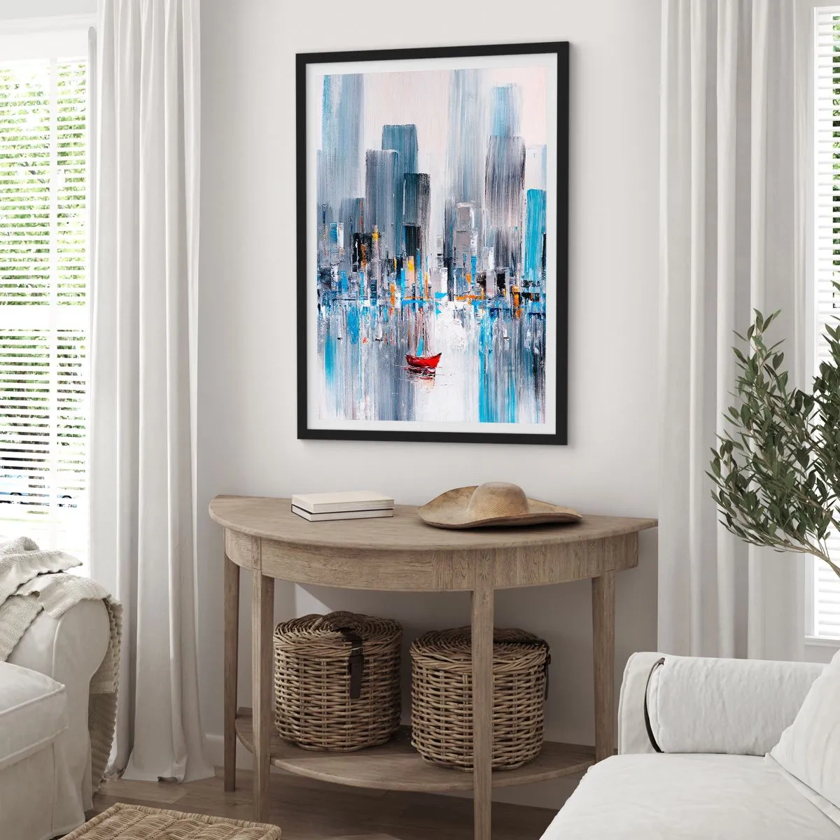 Affisch i svart ram - En abstrakt målning som föreställer en stadssilhuett över vatten med en röd båt. - 50x70cm - Metropolis vid bukten - Modern väggdekoration för vardagsrum och sovrum ARTTOR