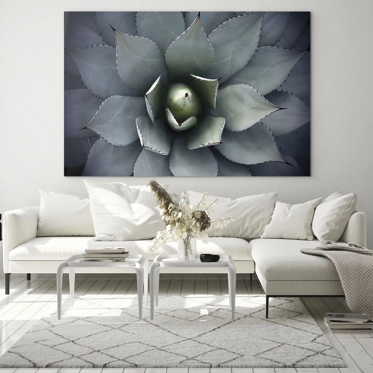 Glastavla - Bild på glas - En närbild av de symmetriska, stålfärgade agavebladen. - 70x50cm - Lockar och varnar - Modern väggdekoration för vardagsrum och sovrum ARTTOR