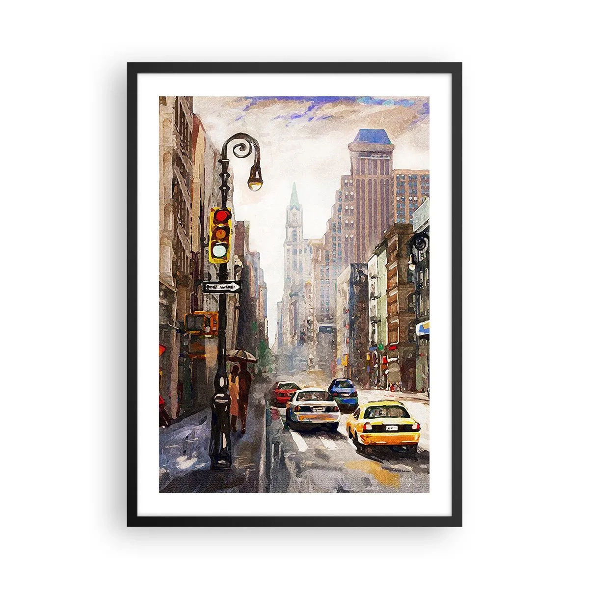 Affisch i svart ram - Stadsgata med bilar och trafikljus - 50x70cm - New York - färgglad också i regnet - Modern väggdekoration för vardagsrum och sovrum ARTTOR