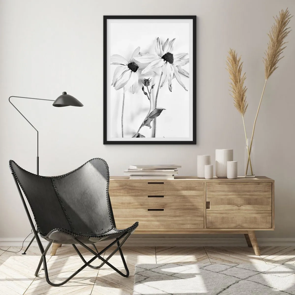 Affisch i svart ram - Svartvita blommor i minimalistisk stil mot ljus bakgrund - 50x70cm - Ingen vill vara ensam - Modern väggdekoration för vardagsrum och sovrum ARTTOR
