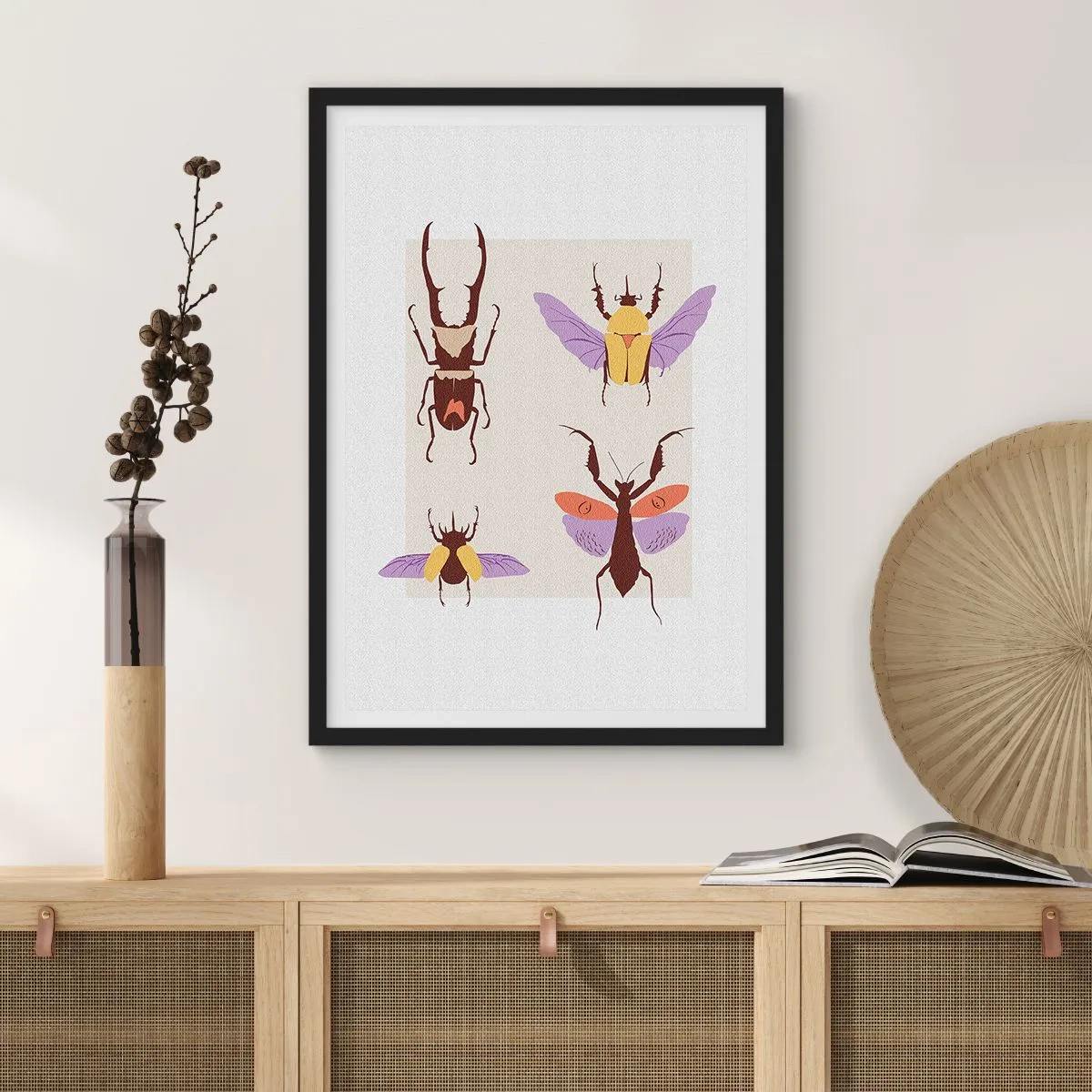 Affisch i svart ram - Färgglada skalbaggar på en ljus bakgrund - 50x70cm - Insektsvärlden - Modern väggdekoration för vardagsrum och sovrum ARTTOR