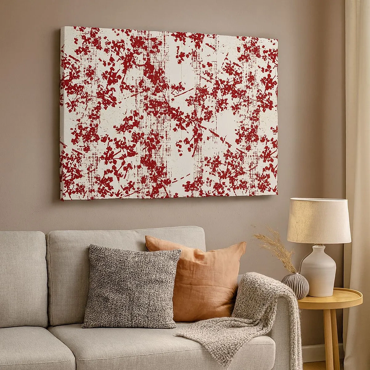 Canvastavla - Bild på duk - Röda blommor på en vit bakgrund i konstnärlig stil - 70x50cm - Som en gammal percale - Modern väggdekoration för vardagsrum och sovrum ARTTOR