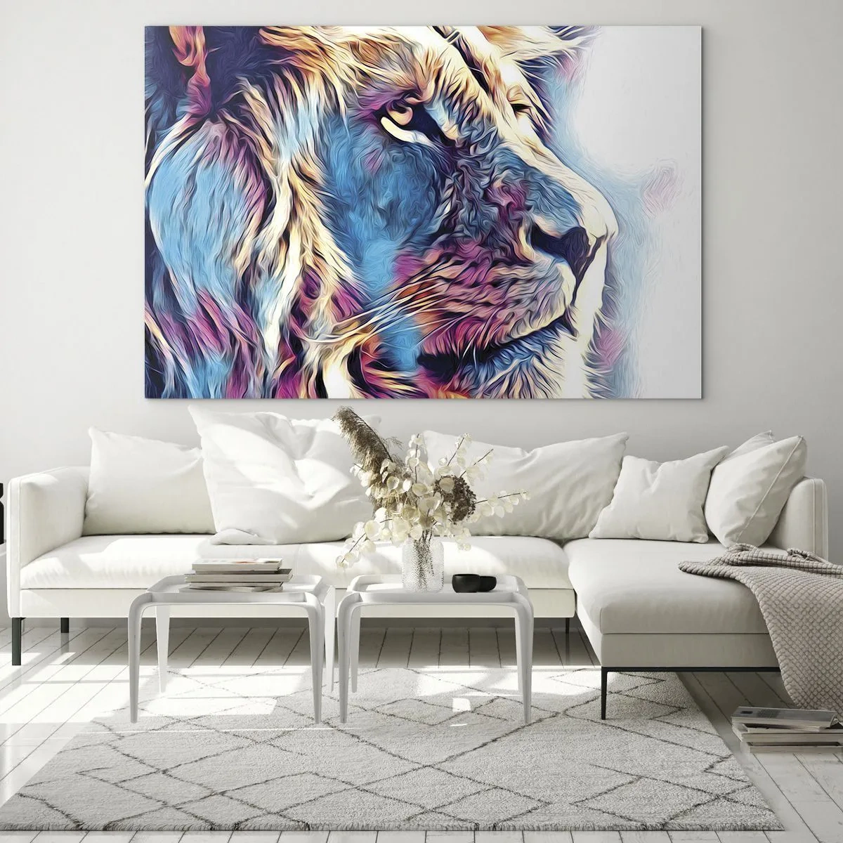 Glastavla - Bild på glas - Färgglad lejongrafik i en modern, konstnärlig stil - 70x50cm - Naturens klokhet - Modern väggdekoration för vardagsrum och sovrum ARTTOR