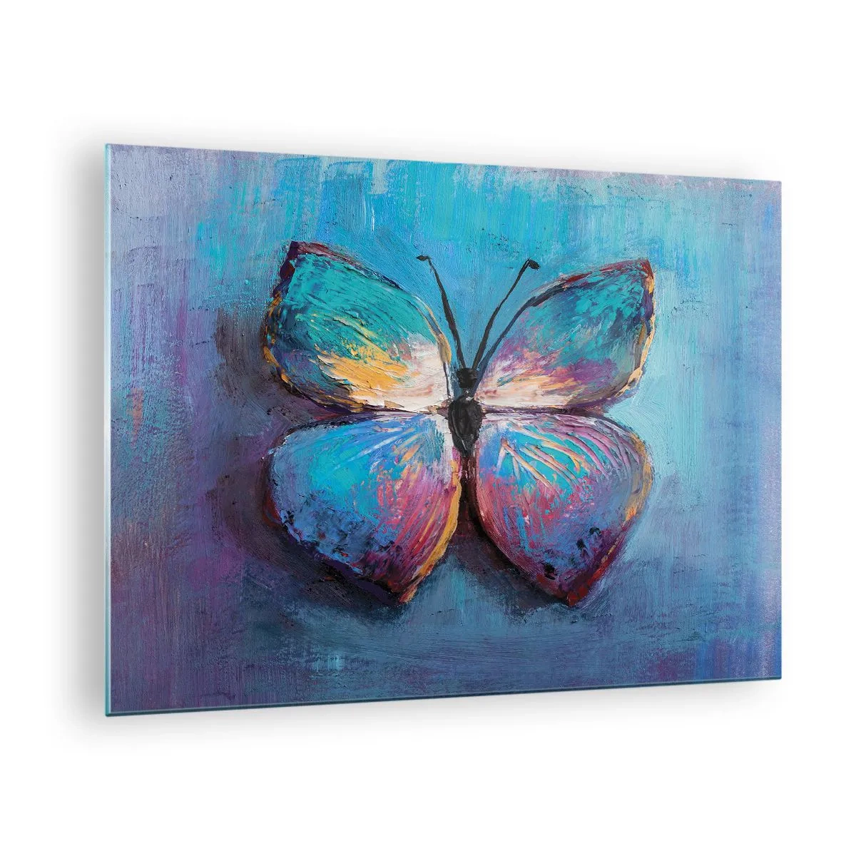 Glastavla - Bild på glas - En färgglad fjäril mot en bakgrund av abstrakta färger i nyanser av blått och lila. - 70x50cm - I full charm - Modern väggdekoration för vardagsrum och sovrum ARTTOR