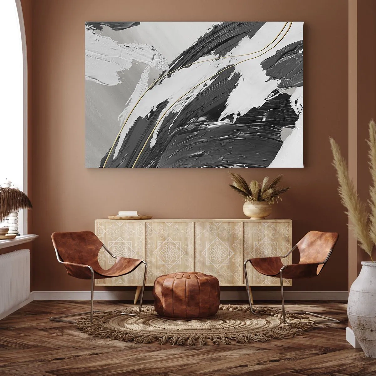 Canvastavla - Bild på duk - Svartvita penseldrag med en subtil guldfärgad accent - 70x50cm - Storslagen abstraktion - Modern väggdekoration för vardagsrum och sovrum ARTTOR
