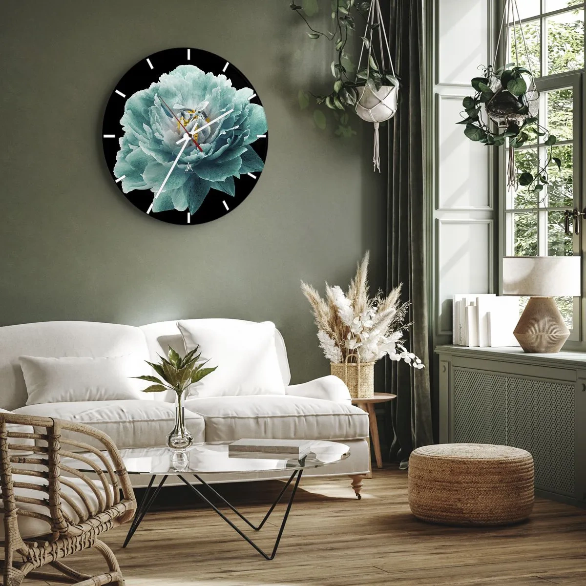 Väggklocka - Klocka på glas - Turkos pionblomma på svart bakgrund - 30x30cm - Blå och gyllene kronblad - Modern väggdekoration för vardagsrum, kök och sovrum ARTTOR