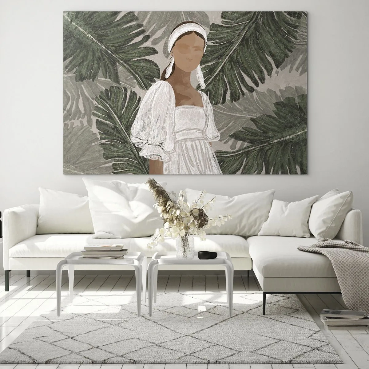 Glastavla - Bild på glas - En kvinna i en vit klänning mot en bakgrund av gröna tropiska löv. - 70x50cm - Exotiskt porträtt - Modern väggdekoration för vardagsrum och sovrum ARTTOR