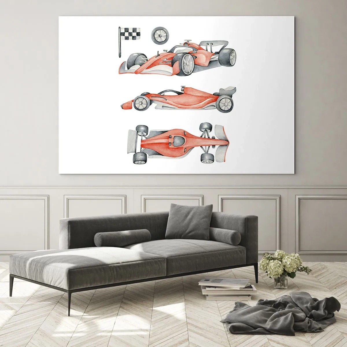Glastavla - Bild på glas - Trebildsillustration av en röd racerbil med en racingflagga - 70x50cm - Att komma ikapp en dröm - Modern väggdekoration för vardagsrum och sovrum ARTTOR