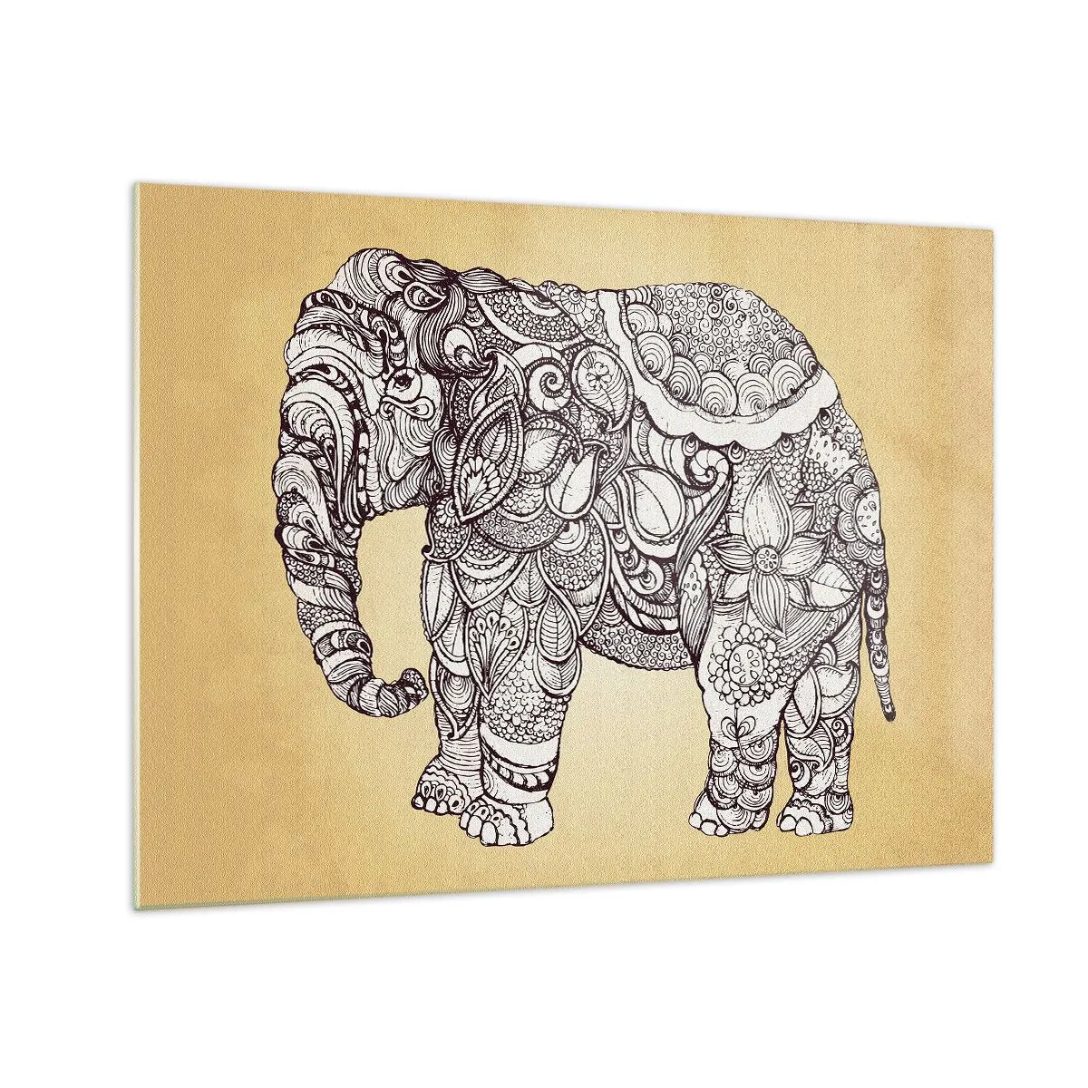 Glastavla - Bild på glas - Svartvit elefant med orientaliska mönster på beige bakgrund - 70x50cm - maskerad elefant - Modern väggdekoration för vardagsrum och sovrum ARTTOR