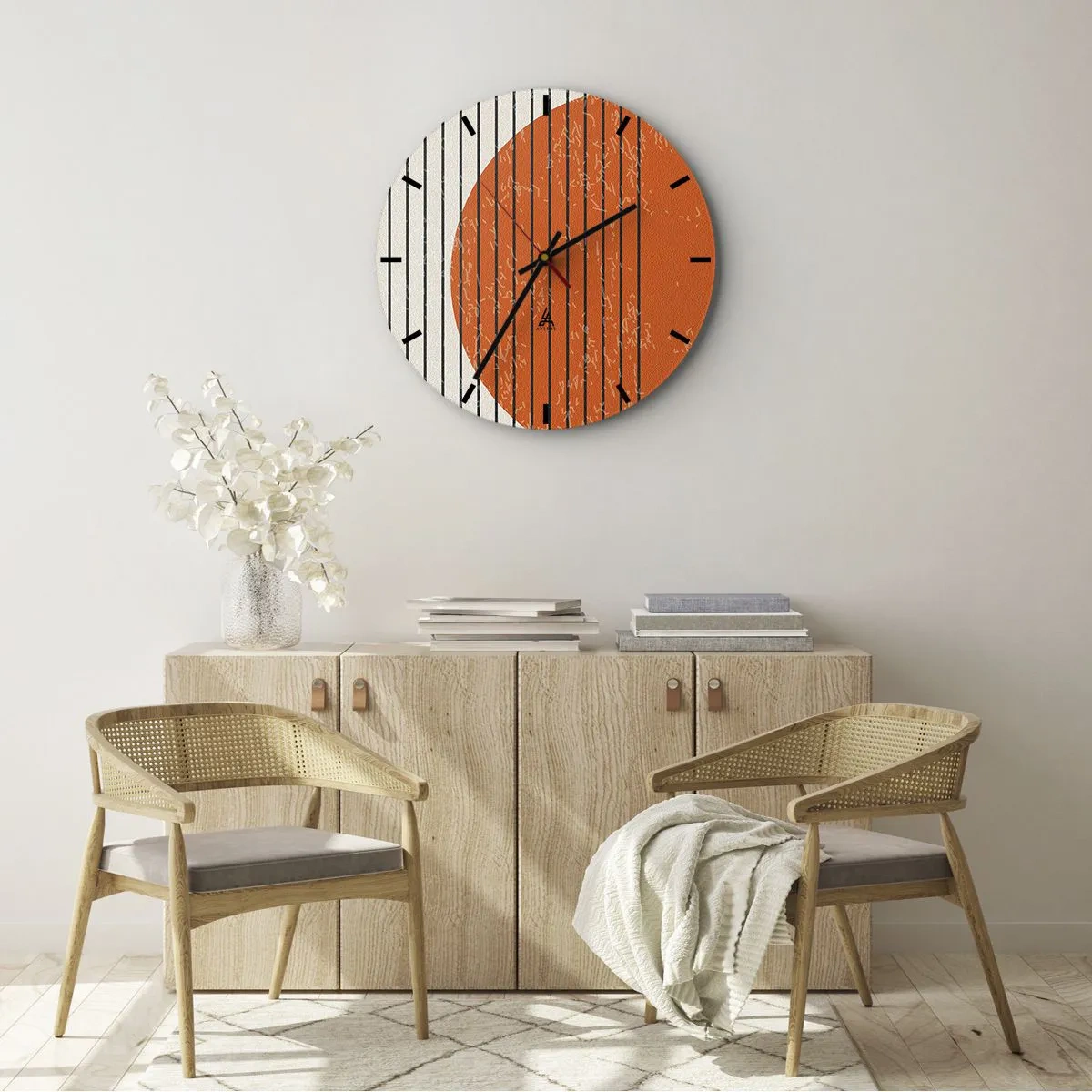 Väggklocka - Klocka på glas - Orange cirkel och svarta linjer på en beige bakgrund - 30x30cm - Alltid solen - Modern väggdekoration för vardagsrum, kök och sovrum ARTTOR