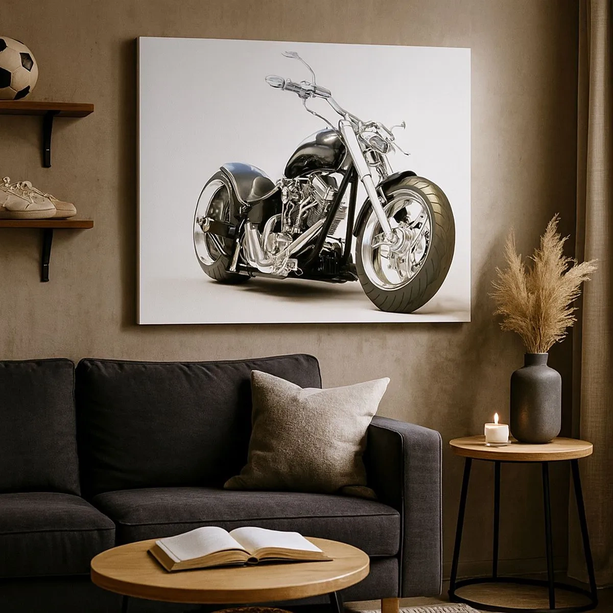 Canvastavla - Bild på duk - Snygg svart motorcykel på en vit bakgrund - 70x50cm - Kraft med karaktär - Modern väggdekoration för vardagsrum och sovrum ARTTOR