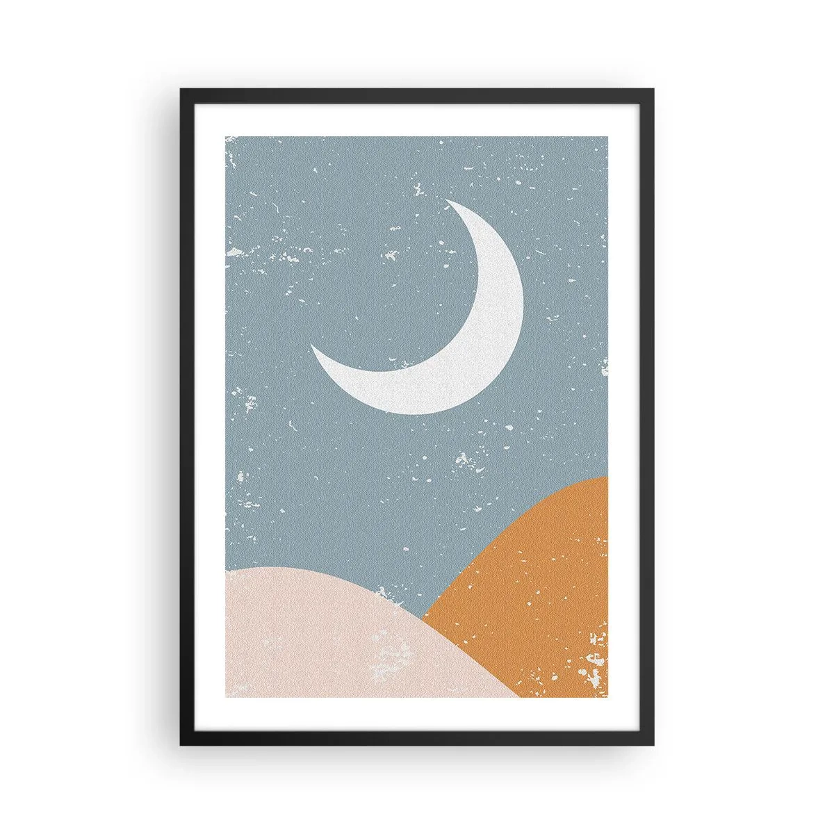 Affisch i svart ram - En minimalistisk måne över ett abstrakt landskap. - 50x70cm - Många nätters under - Modern väggdekoration för vardagsrum och sovrum ARTTOR