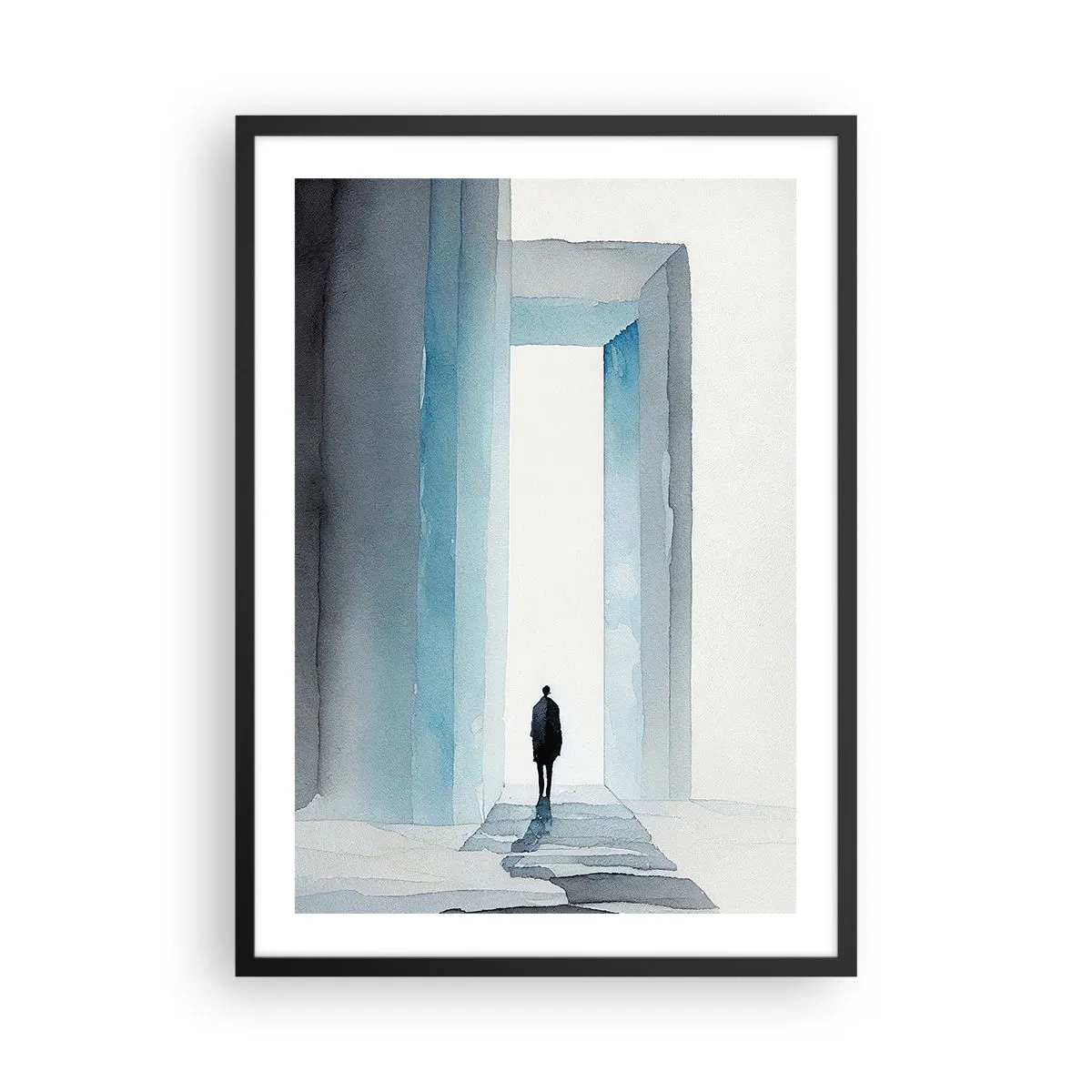 Affisch i svart ram - En figur som går genom en blå grind, symboliserar frihet och obegränsade möjligheter - 50x70cm - Lev utan gränser - Modern väggdekoration för vardagsrum och sovrum ARTTOR