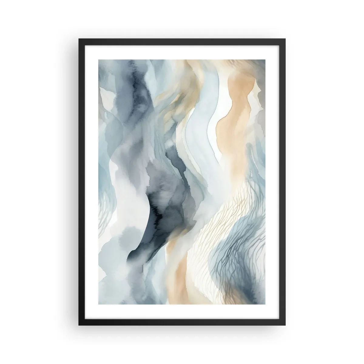 Affisch i svart ram - Abstrakta vågor i nyanser av beige och marinblått - 50x70cm - Snöig och dimmig abstraktion - Modern väggdekoration för vardagsrum och sovrum ARTTOR