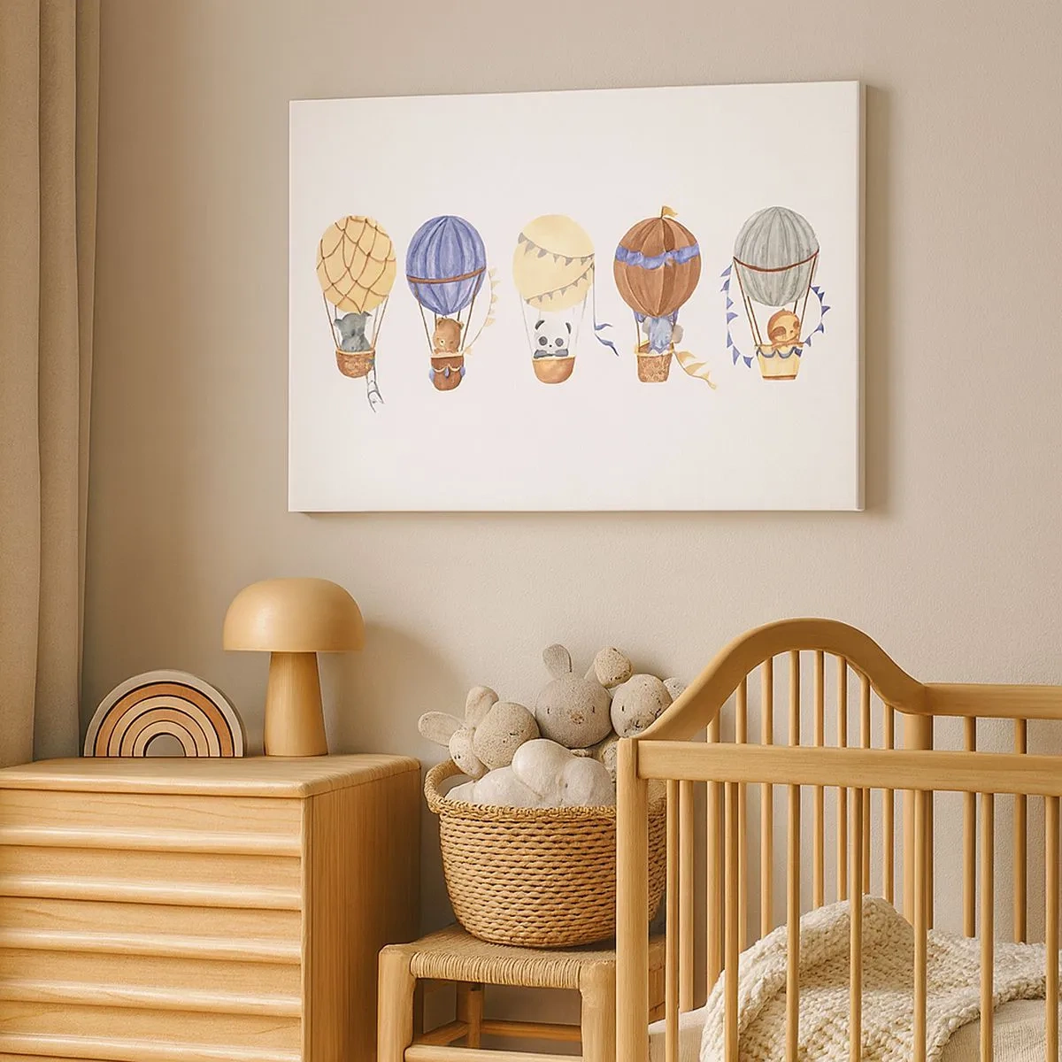 Canvastavla - Bild på duk - Söta djur i ballonger på en vit bakgrund - 70x50cm - Vänner på en resa - Modern väggdekoration för vardagsrum och sovrum ARTTOR