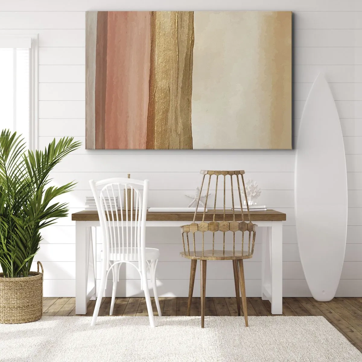 Canvastavla - Bild på duk - Abstrakta ränder i nyanser av beige, guld och rosa på duk - 70x50cm - Vertikal komposition - Modern väggdekoration för vardagsrum och sovrum ARTTOR