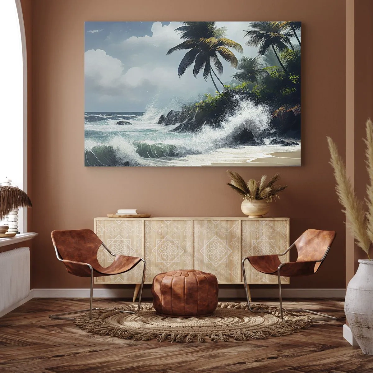 Canvastavla - Bild på duk - Tropisk strand med palmer och ett grovt hav - 70x50cm - På en tropisk strand - Modern väggdekoration för vardagsrum och sovrum ARTTOR