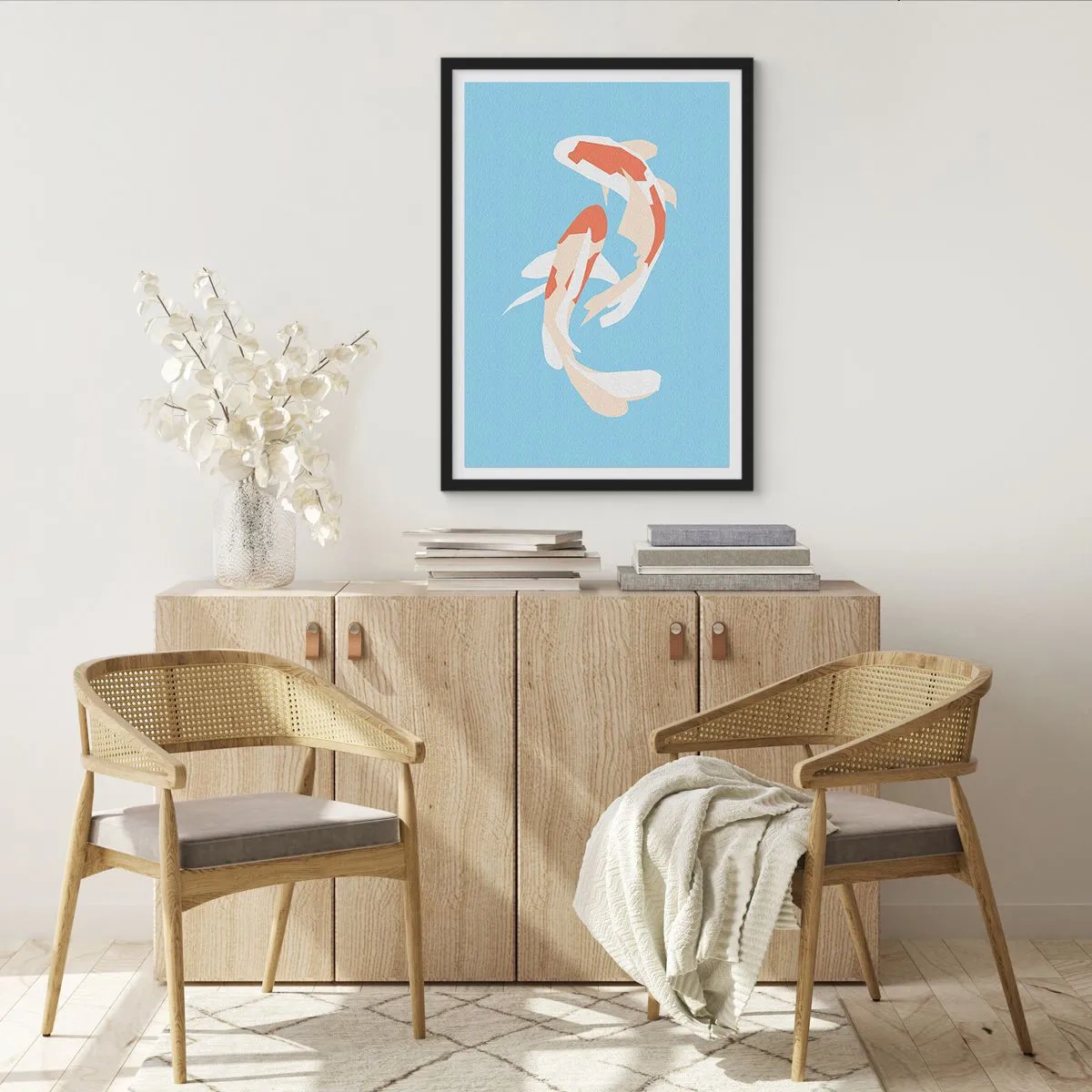 Affisch i svart ram - Två koifiskar som simmar i harmoni - 50x70cm - Spontan synkroniserad simning - Modern väggdekoration för vardagsrum och sovrum ARTTOR
