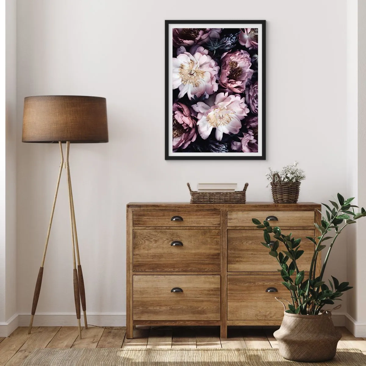 Affisch i svart ram - Fina pionblommor i dämpade färger - 50x70cm - En bukett i gammal stil - Modern väggdekoration för vardagsrum och sovrum ARTTOR