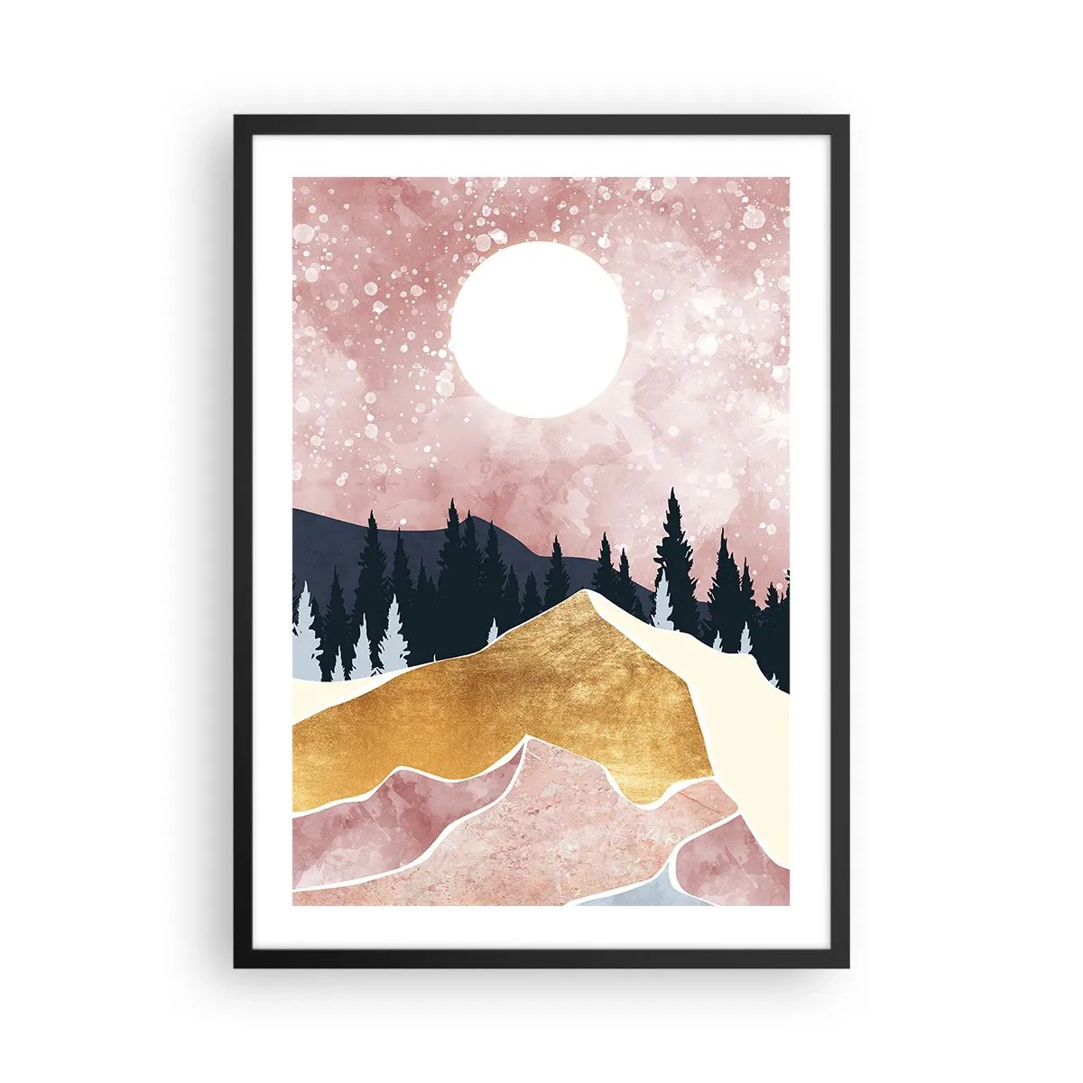Affisch i svart ram - Abstrakt landskap med skog, berg och gyllene accenter - 50x70cm - Nattvakt - Modern väggdekoration för vardagsrum och sovrum ARTTOR