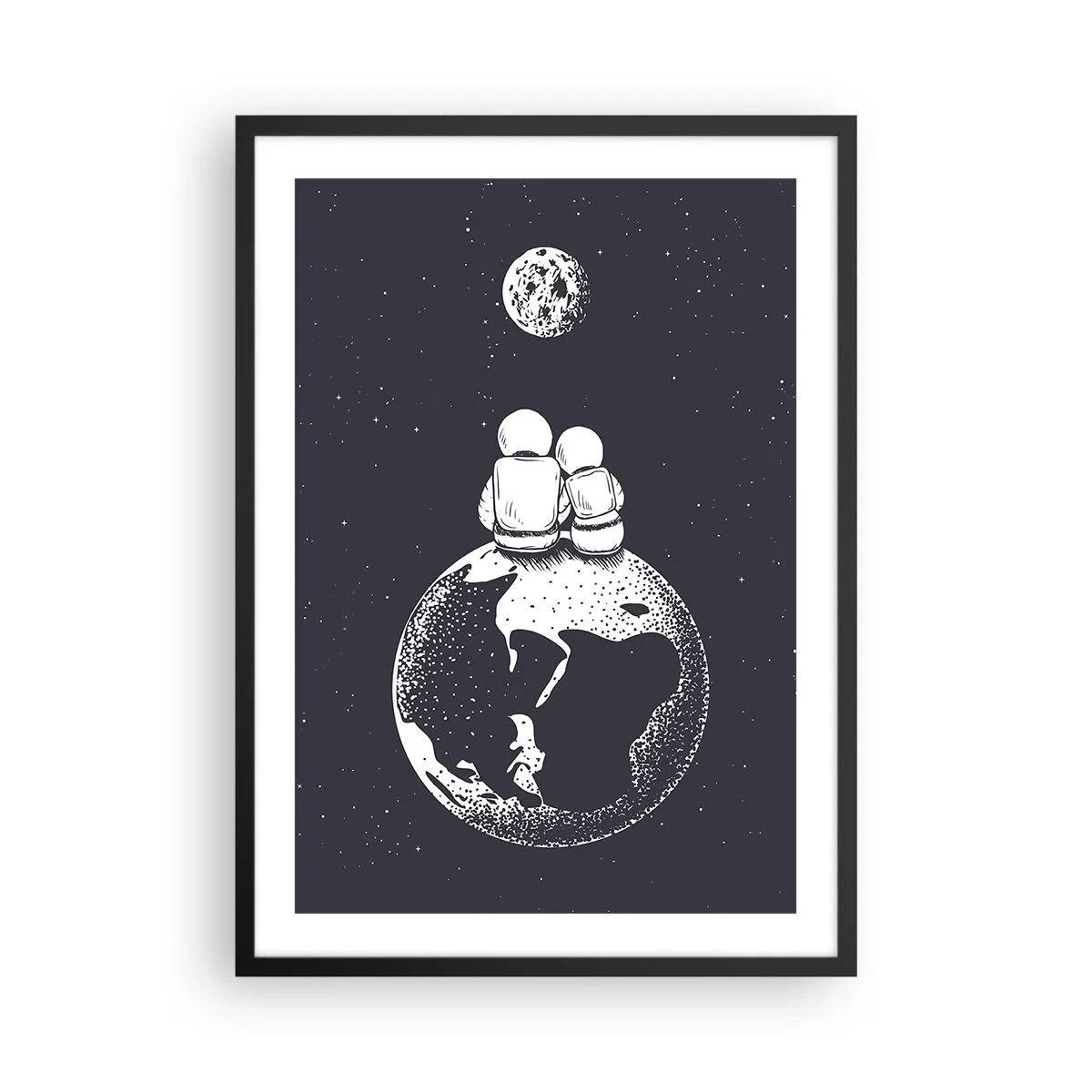 Affisch i svart ram - Astronauter som sitter på jorden och tittar på månen - 50x70cm - En kosmisk kärlekshistoria - Modern väggdekoration för vardagsrum och sovrum ARTTOR