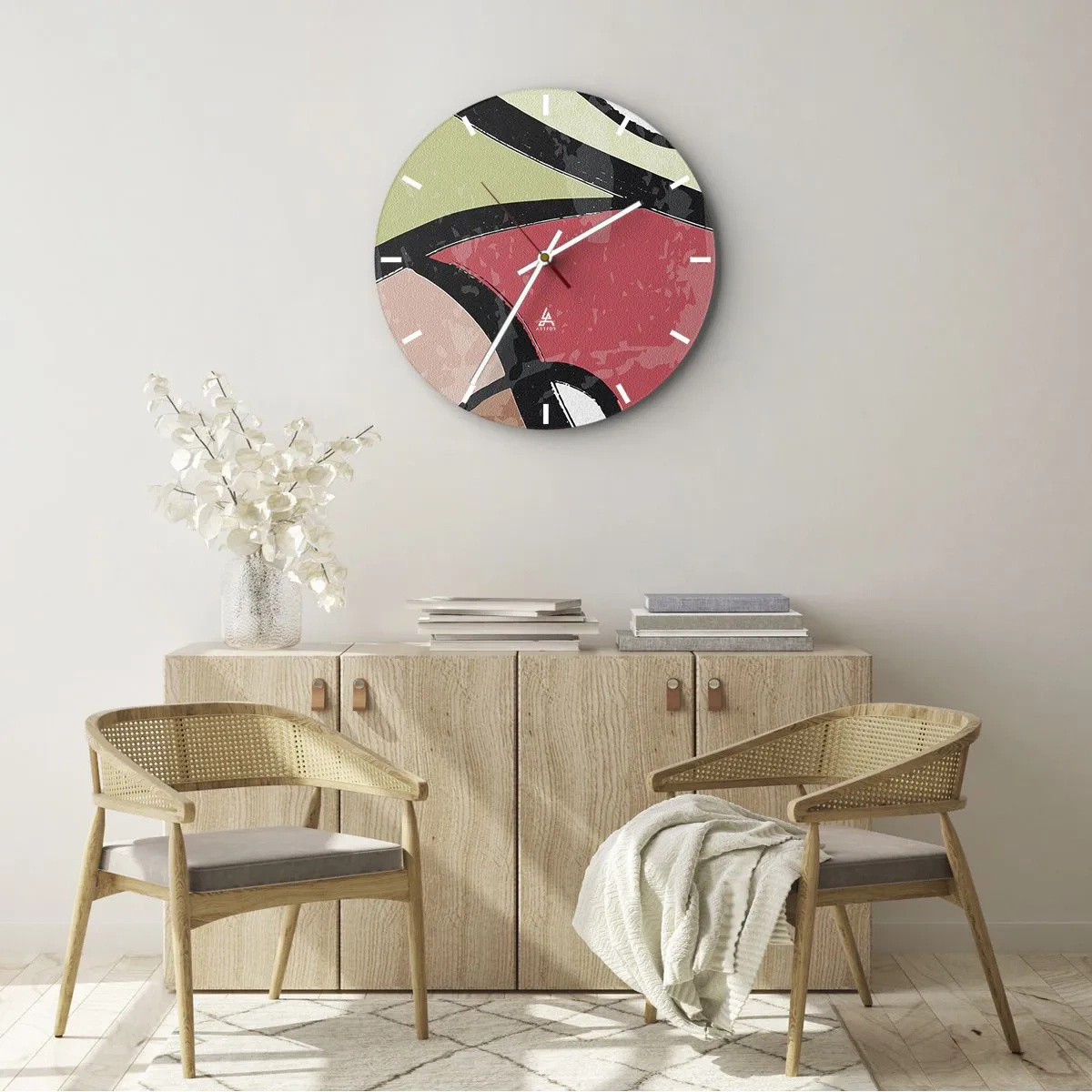 Väggklocka - Klocka på glas - Färgglada abstrakta former i pastellfärger - 30x30cm - Pirouetter bland färger - Modern väggdekoration för vardagsrum, kök och sovrum ARTTOR