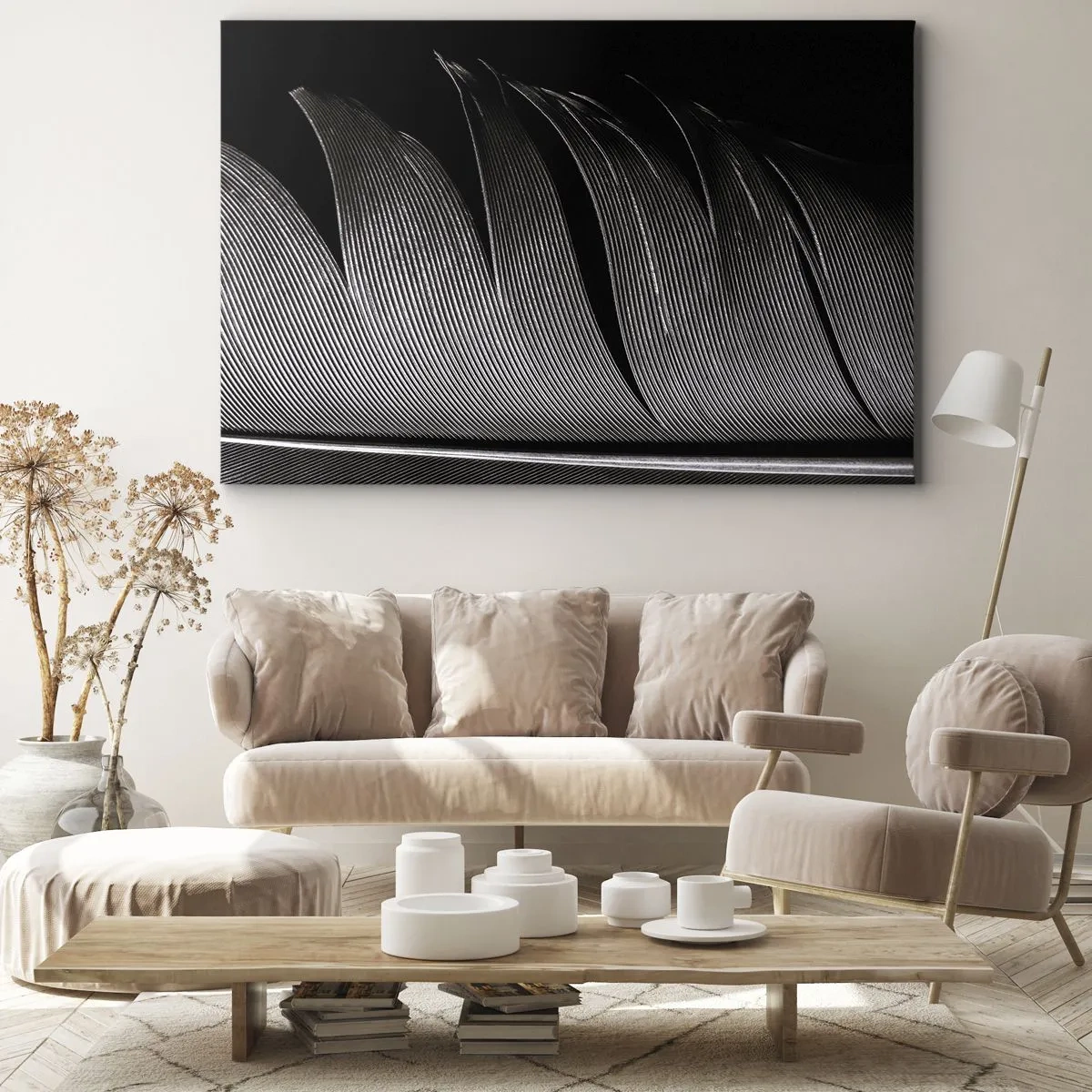 Canvastavla - Bild på duk - Svartvit fjäderstruktur i minimalistisk stil - 70x50cm - Fjäder - en underbar konstruktion - Modern väggdekoration för vardagsrum och sovrum ARTTOR