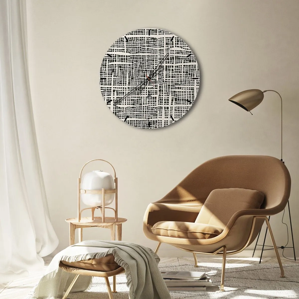 Väggklocka - Klocka på glas - Geometriskt, svart och krämfärgat mönster med oregelbundna prickar - 30x30cm - Vävd komposition - Modern väggdekoration för vardagsrum, kök och sovrum ARTTOR