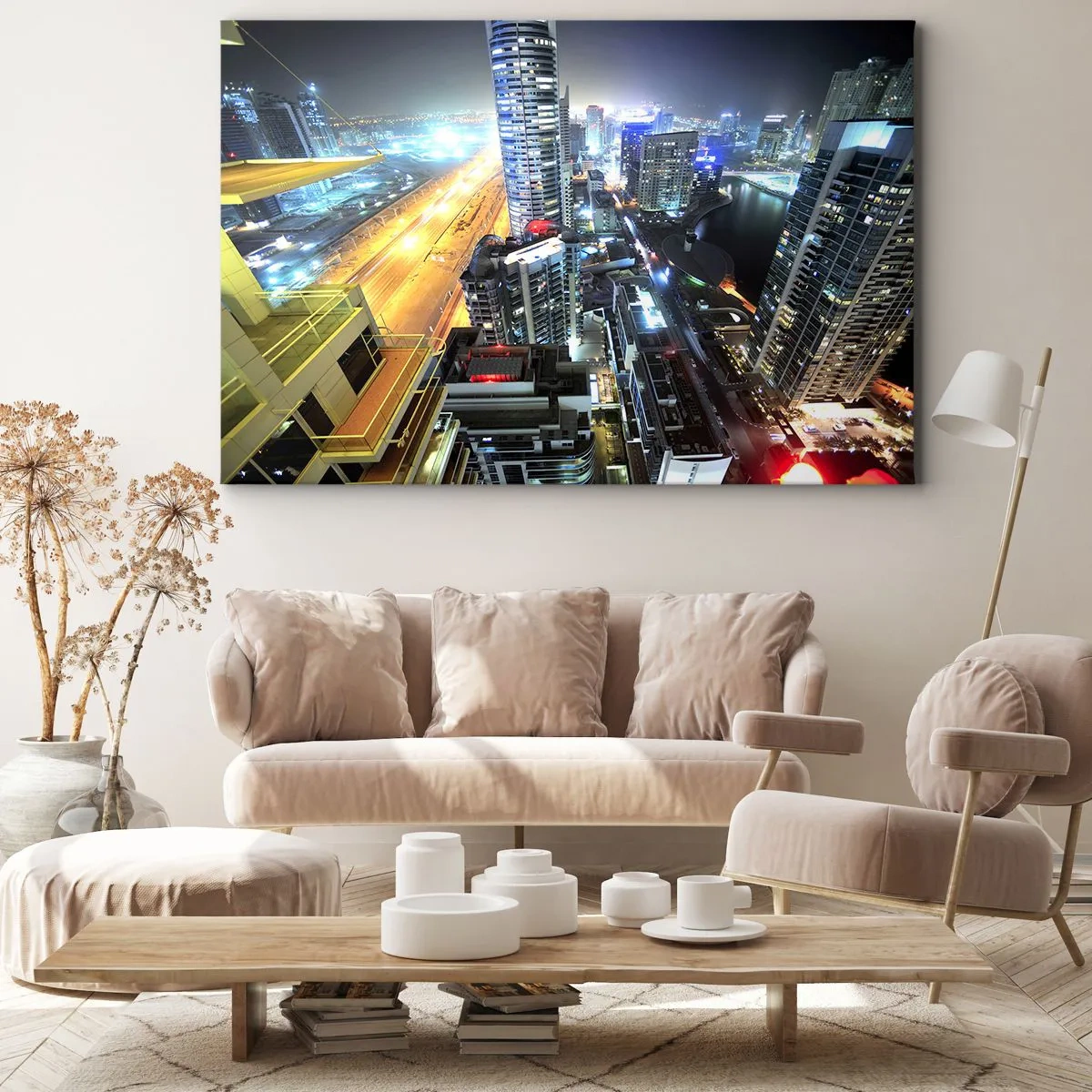 Canvastavla - Bild på duk - Panorama över nattstaden med upplysta skyskrapor - 70x50cm - Underverk på öknen - Modern väggdekoration för vardagsrum och sovrum ARTTOR