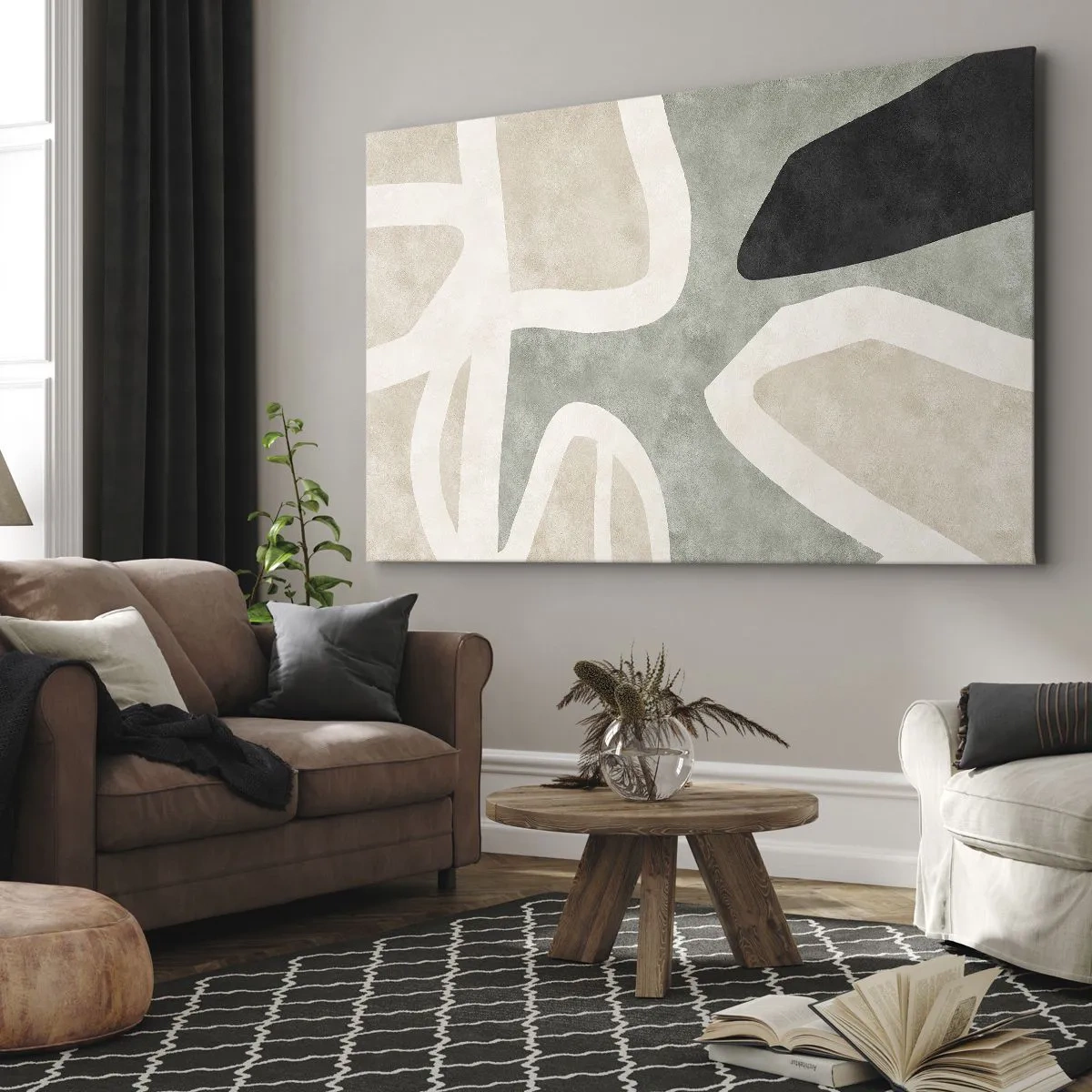 Canvastavla - Bild på duk - Abstrakta former i dämpade färger - 70x50cm - Komposition med svart motiv - Modern väggdekoration för vardagsrum och sovrum ARTTOR