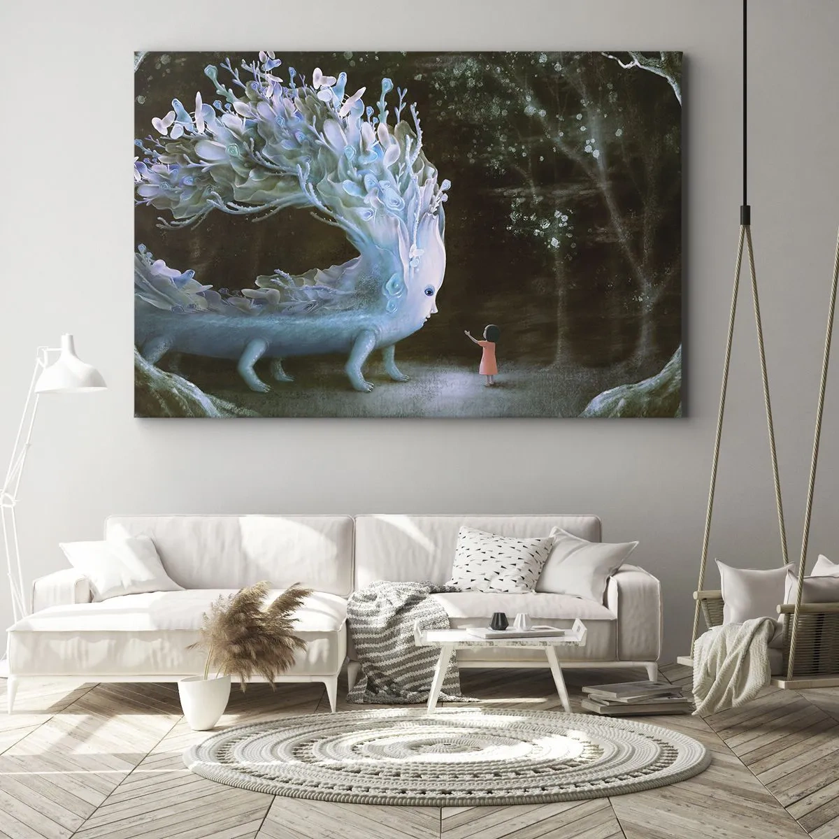 Canvastavla - Bild på duk - Figuren av en flicka som står inför en fantastisk varelse - 70x50cm - Fantastiskt möte - Modern väggdekoration för vardagsrum och sovrum ARTTOR