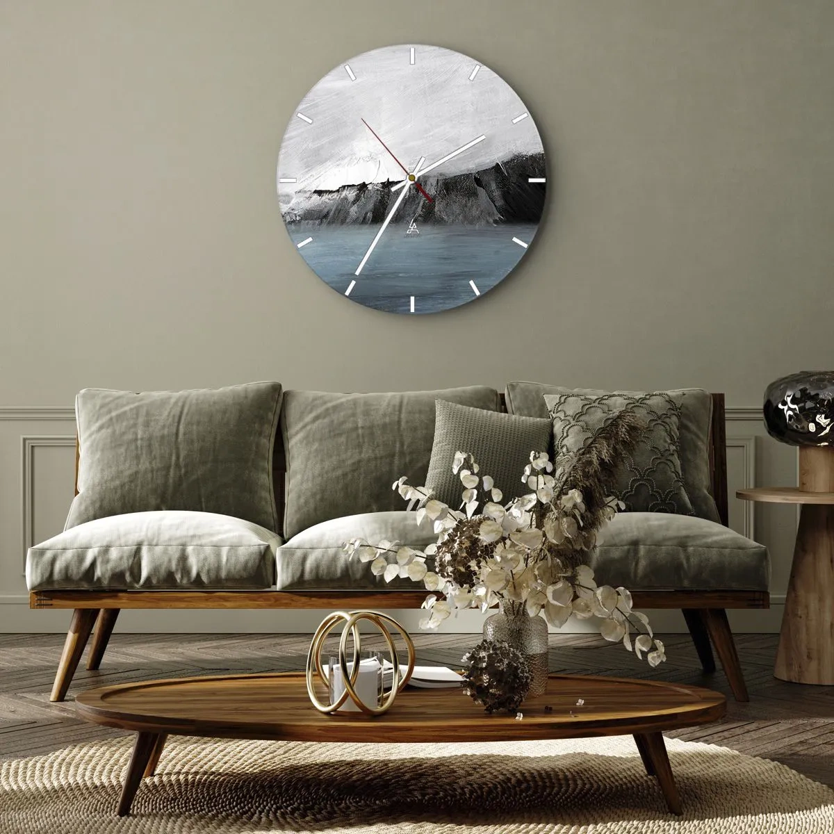 Väggklocka - Klocka på glas - En konstnärlig kollision av vitt, svart och blått i form av ett landskap. - 30x30cm - Vatten - jord: en krock mellan elementen - Modern väggdekoration för vardagsrum, kök och sovrum ARTTOR