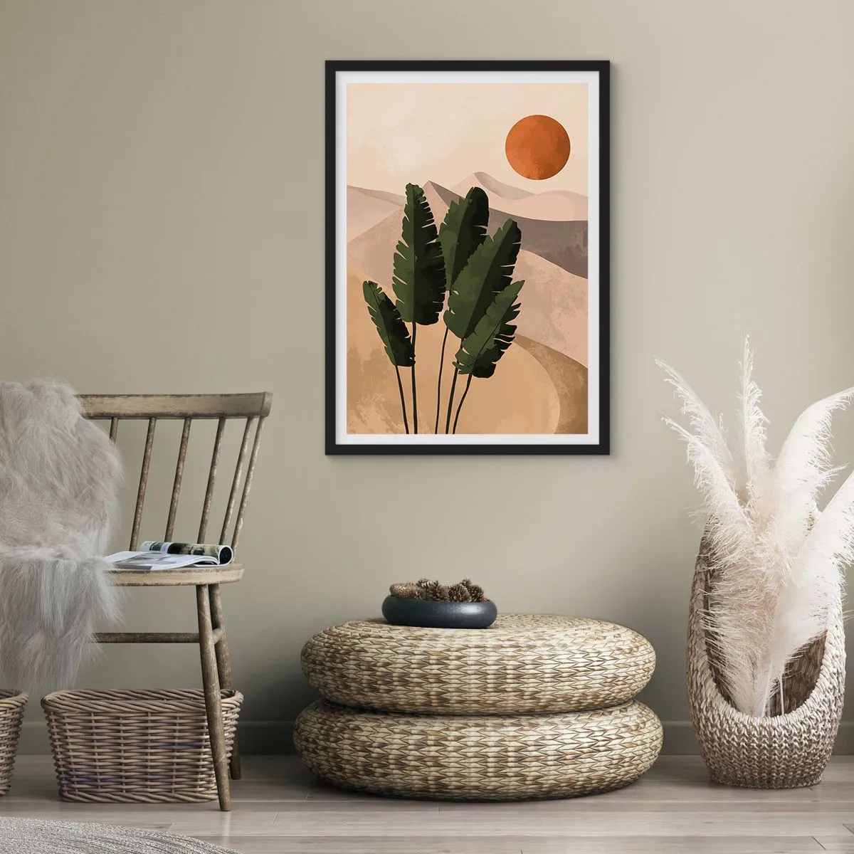 Affisch i svart ram - Växter i en ökenmiljö med solnedgången, abstrakt landskap - 50x70cm - Livets triumf - Modern väggdekoration för vardagsrum och sovrum ARTTOR