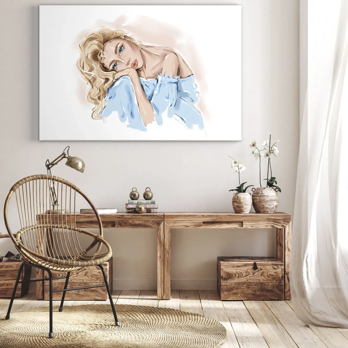Canvastavla - Bild på duk - Porträtt av en kvinna i en blå klänning med blont hår - 70x50cm - Drömmande i blått - Modern väggdekoration för vardagsrum och sovrum ARTTOR