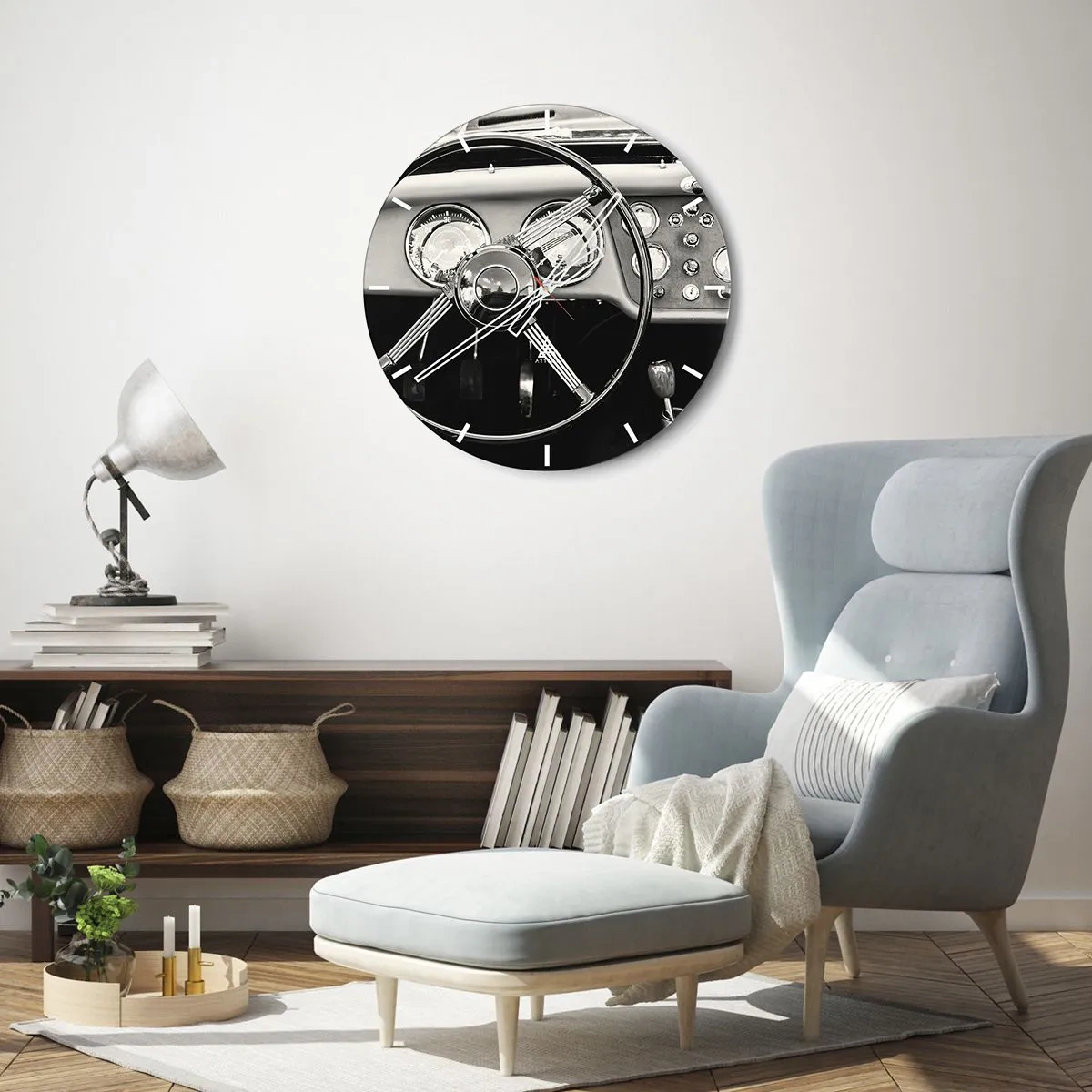 Väggklocka - Klocka på glas - Cockpit för veteranbil i retro sepiaton - 30x30cm - Samlarens dröm - Modern väggdekoration för vardagsrum, kök och sovrum ARTTOR