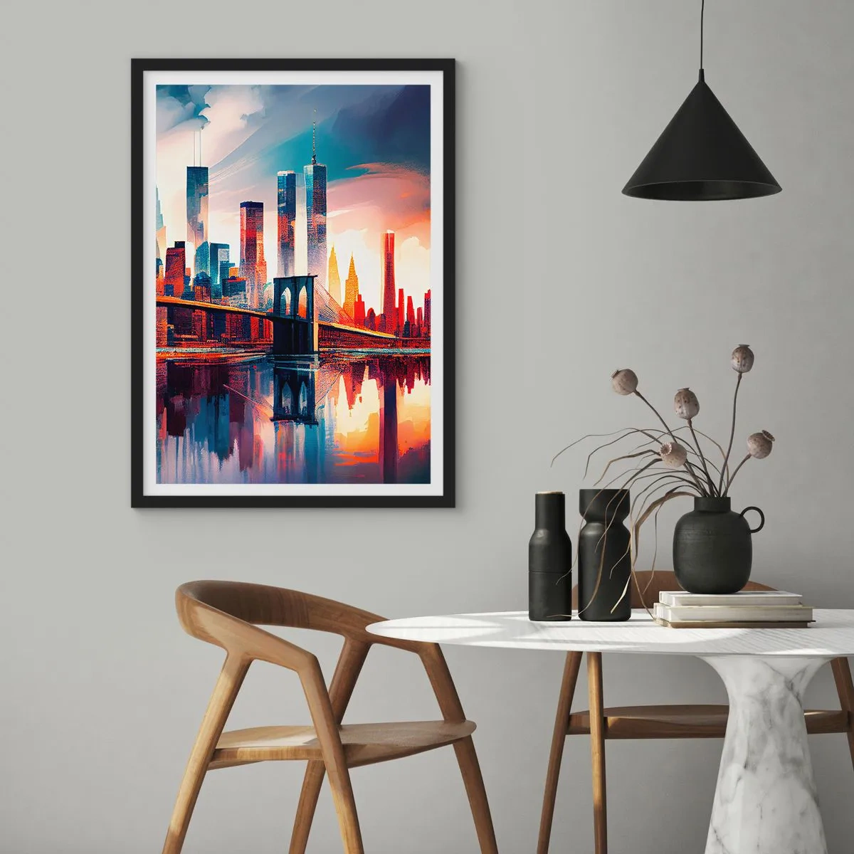 Affisch i svart ram - Panorama över staden med en bro och reflektion i vattnet - 50x70cm - Fenomenala New York - Modern väggdekoration för vardagsrum och sovrum ARTTOR