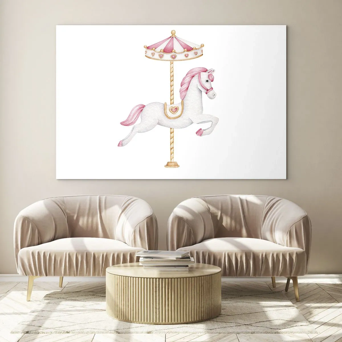 Glastavla - Bild på glas - Rosa och vit karusellhäst på en vit bakgrund - 70x50cm - Han gav sig iväg med en hov - Modern väggdekoration för vardagsrum och sovrum ARTTOR