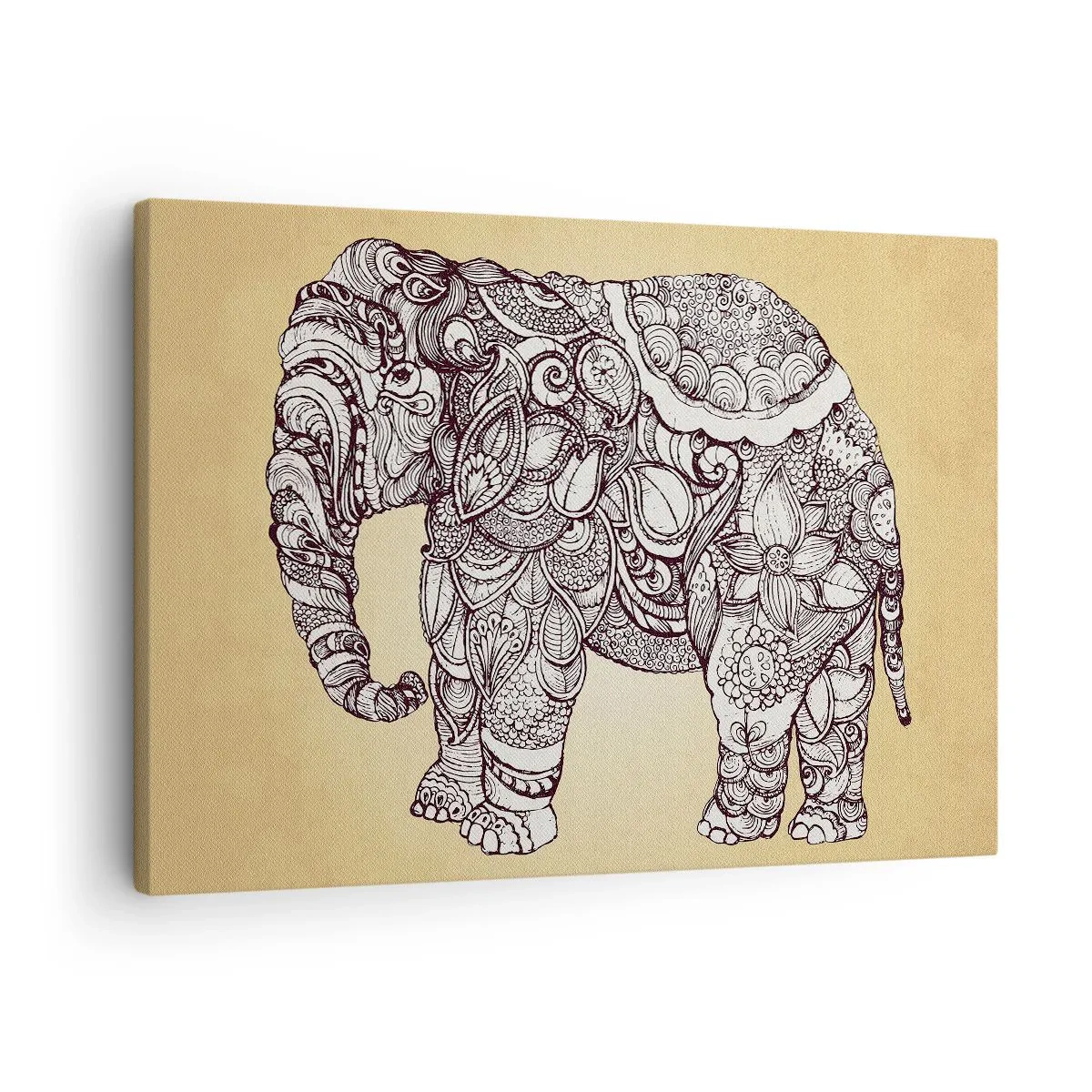 Canvastavla - Bild på duk - Handritad elefant med ett utsmyckat mönster på en beige bakgrund - 70x50cm - maskerad elefant - Modern väggdekoration för vardagsrum och sovrum ARTTOR