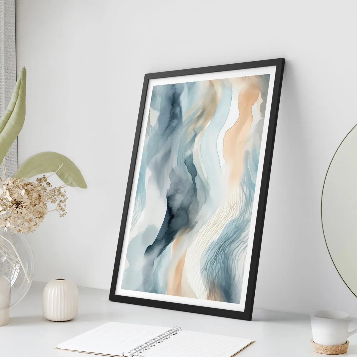 Affisch i svart ram - Abstrakta vågor i nyanser av beige och marinblått - 50x70cm - Snöig och dimmig abstraktion - Modern väggdekoration för vardagsrum och sovrum ARTTOR