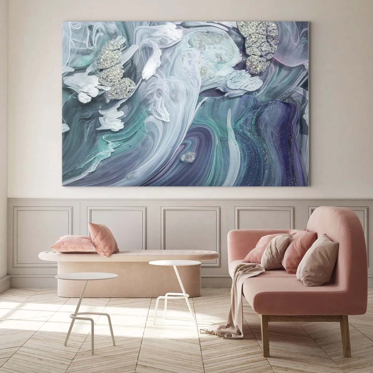 Glastavla - Bild på glas - En abstrakt komposition i nyanser av blått, lila och vitt. - 70x50cm - Blåhetens strömmar - Modern väggdekoration för vardagsrum och sovrum ARTTOR